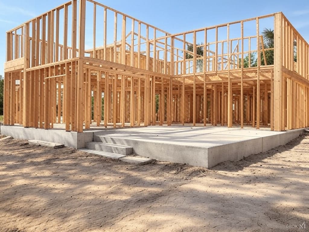 Construction workers installing wooden wall framing on a residential project.