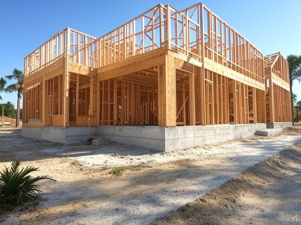 A construction crew assembling the structural framing of a multi-story building.