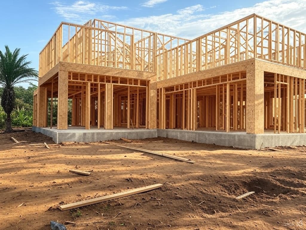 Workers constructing a wooden roof frame on a building site.